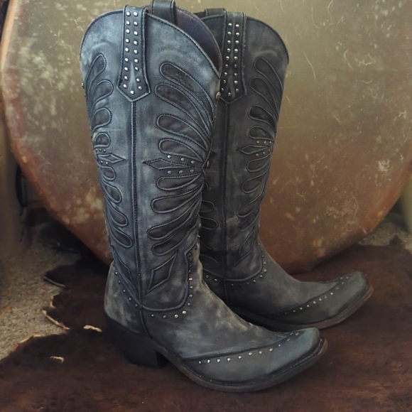 LIBERTY Black LB711510 tall "Graffito Vintage" distressed cowgirl boots sz 8.5 - Picture 13 of 16